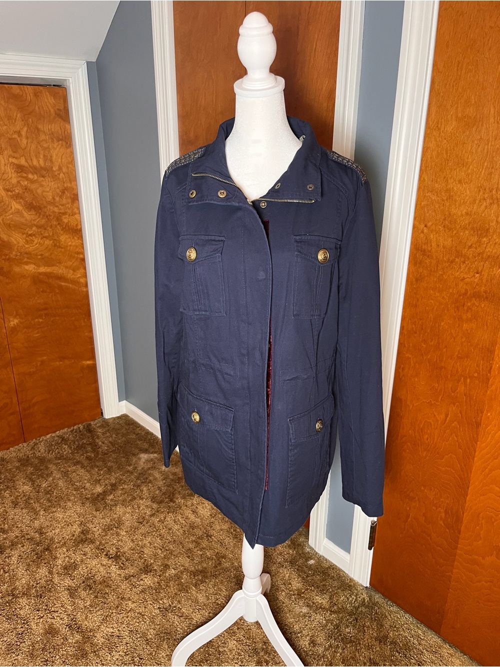 Steve Madden Navy Military Jacket with gold accents, women’s size large.